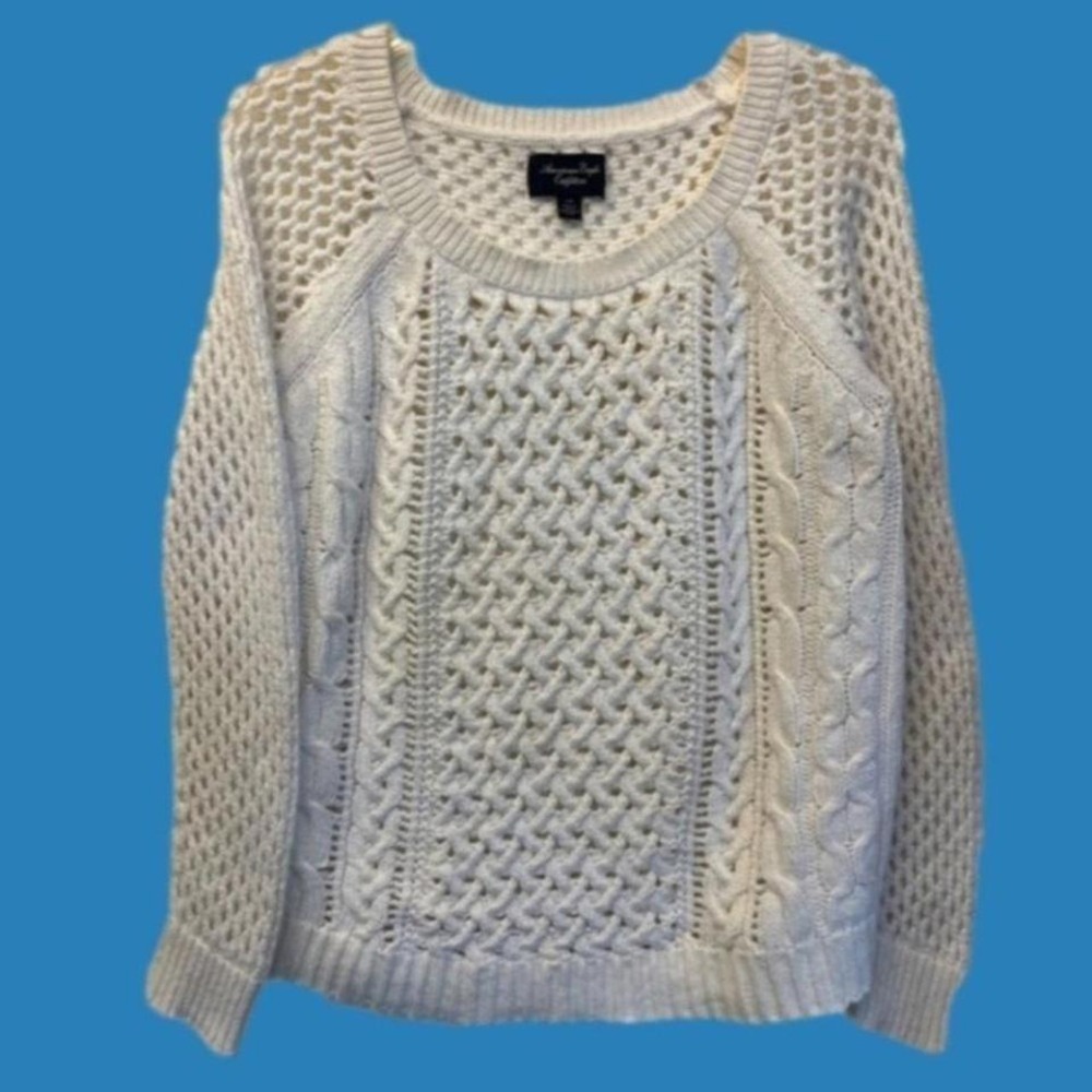 American Eagle Outfitters Women's Wool Blend L‎ Cream Open Crochet Knit Sweater